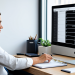 A focused professional, fully clothed in modest business casual attire, thoughtfully organizing a digital editorial calendar on a large monitor in a modern, minimalist office space. The desk is organized with a notepad, pen, and a cup of coffee, bathed in natural light. This high-resolution professional photography features soft lighting and sharp focus, ensuring perfect anatomy, correct proportions, natural pose, well-formed hands, proper finger count, and natural body proportions. Safe for work, appropriate content, fully clothed, professional.