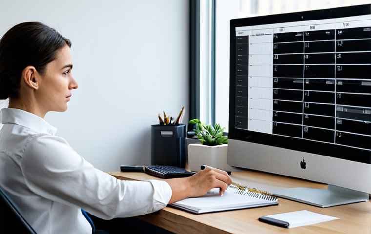 A focused professional, fully clothed in modest business casual attire, thoughtfully organizing a digital editorial calendar on a large monitor in a modern, minimalist office space. The desk is organized with a notepad, pen, and a cup of coffee, bathed in natural light. This high-resolution professional photography features soft lighting and sharp focus, ensuring perfect anatomy, correct proportions, natural pose, well-formed hands, proper finger count, and natural body proportions. Safe for work, appropriate content, fully clothed, professional.