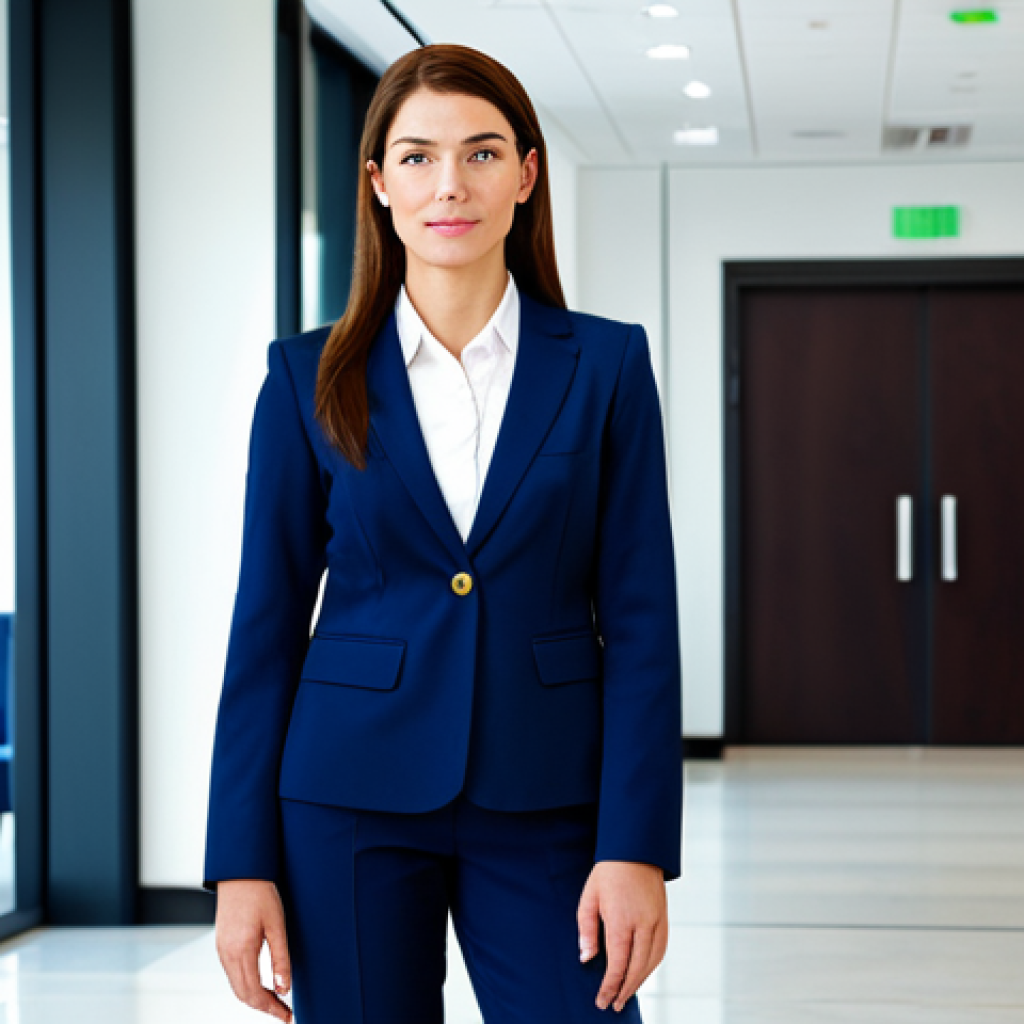 **

"A professional businesswoman in a modest dark blue business suit, standing in a bright and modern office lobby, fully clothed, appropriate attire, safe for work, perfect anatomy, natural proportions, professional photography, high quality, family-friendly."

**