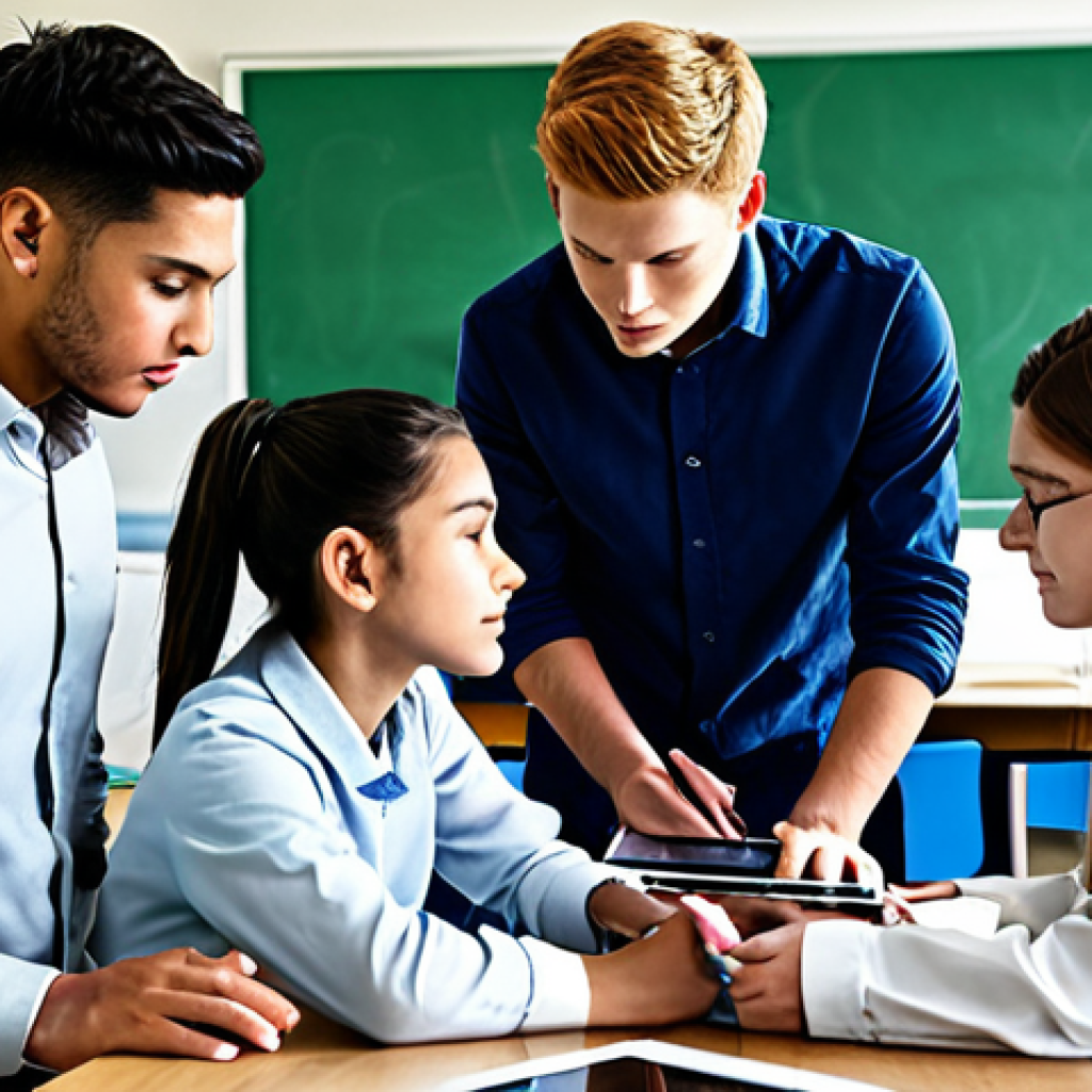 **

"A group of students collaborating on a digital art project using tablets, fully clothed, in a brightly lit classroom, appropriate attire, safe for work, perfect anatomy, natural proportions, high quality digital illustration, professional, educational setting."

**