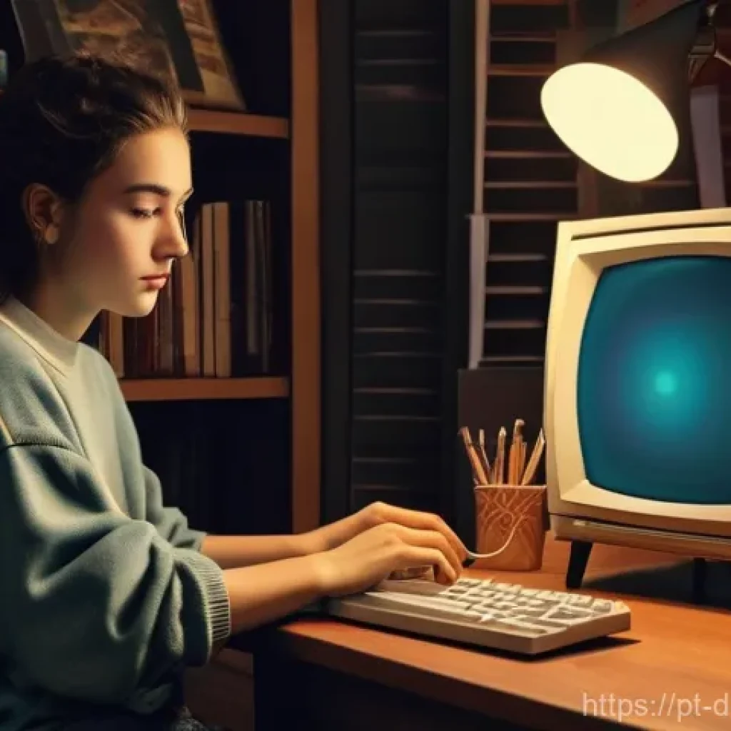 디지털 창의성 도구의 발전 역사 - **Prompt:** A young woman, in her early twenties, sits at a sturdy wooden desk in a dimly lit, cozy ...