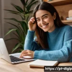 Home 14 디지털 콘텐츠 제작의 효율성을 높이는 도구 - **Prompt:** A Portuguese female content creator in her late 20s, with warm brown hair and a bright s...