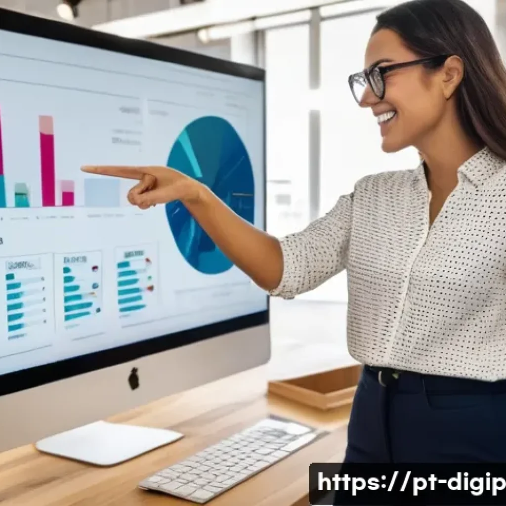 디지털 도구를 활용한 성과 분석 방법 - A young Portuguese female digital entrepreneur, dressed in stylish but modest business casual attire...